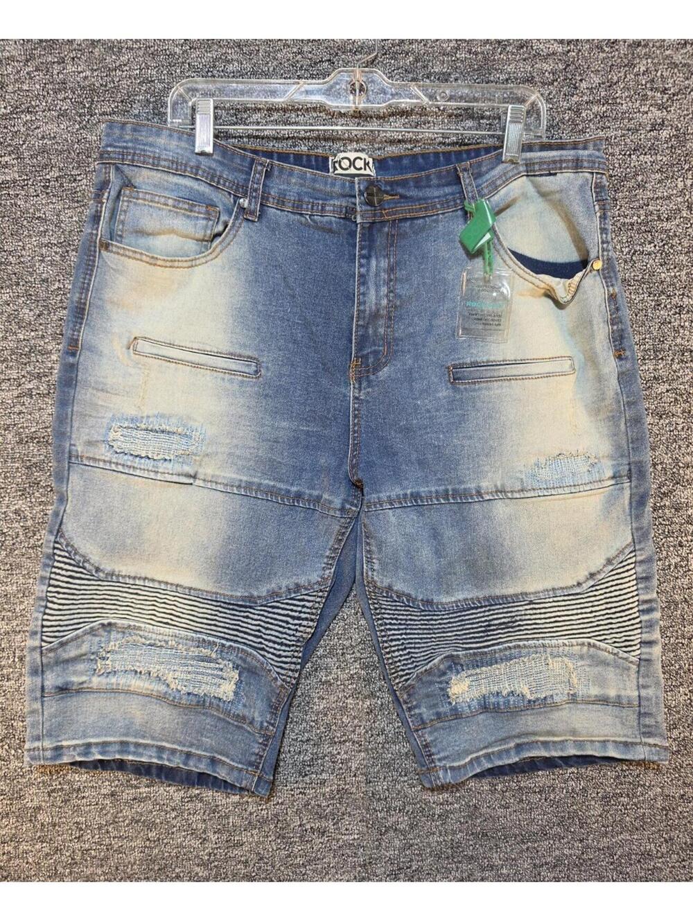 Rock Salt Light Wash Distressed Biker Denim Shorts Men 5-Pocket Cotton Poly
